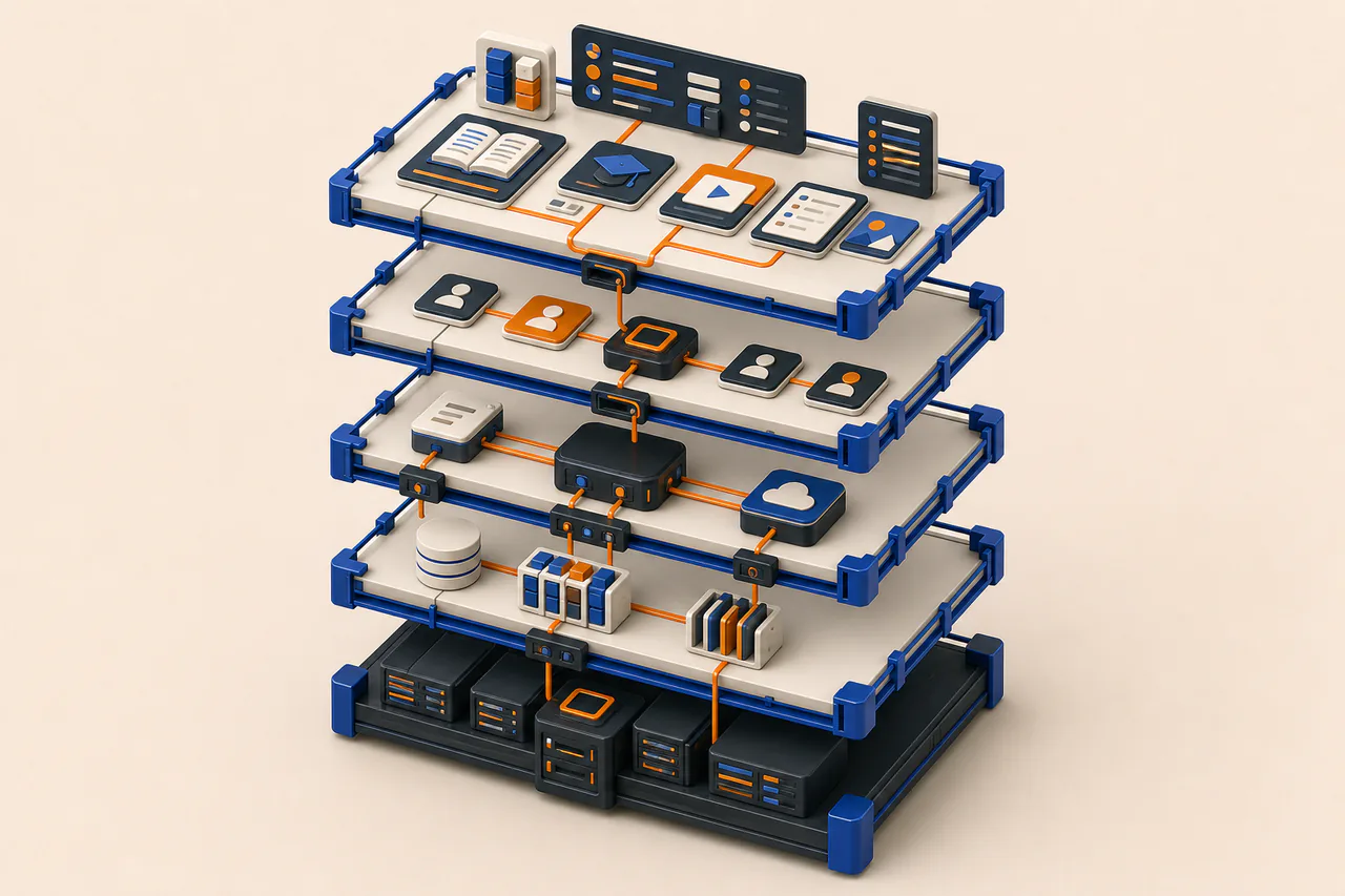 Modelo tridimensional de una plataforma Moodle organizada en cinco capas conectadas
